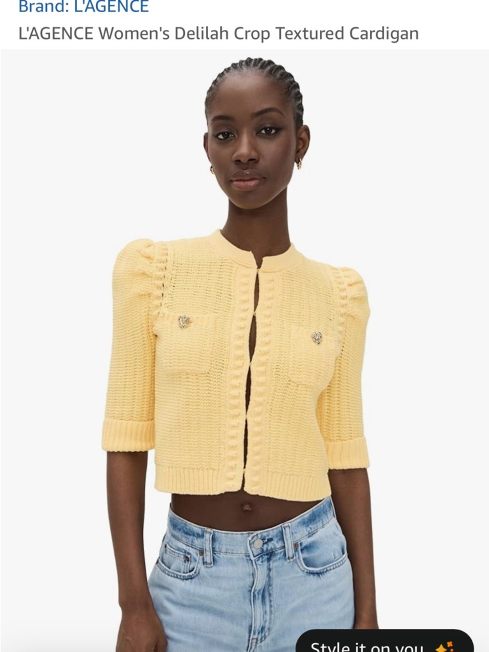 L'AGENCE Delilah Cropped Textured Cardigan in Pale Yellow. Size Small